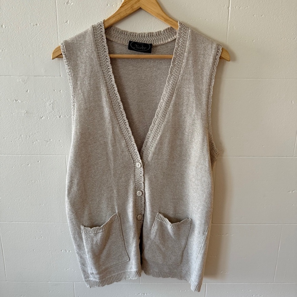 Vintage 90s Button Vest | Beige Knit Cottagecore Minimal | Medium